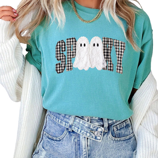 Ink-printed spooky ghost Halloween shirt with arched SPOOKY varsity lettering in black and white gingham and two lace-look ghosts, on a Seafoam Comfort Colors 1717 tee, view 5