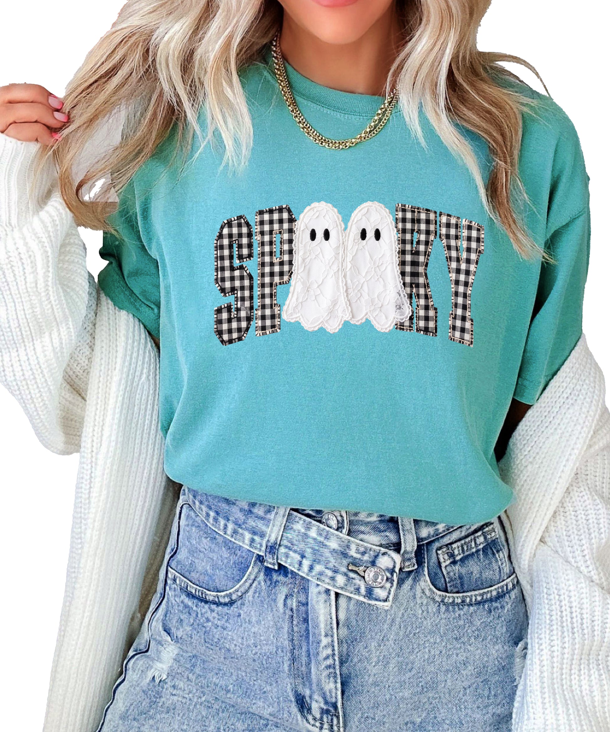 Ink-printed spooky ghost Halloween shirt with arched SPOOKY varsity lettering in black and white gingham and two lace-look ghosts, on a Seafoam Comfort Colors 1717 tee, view 5