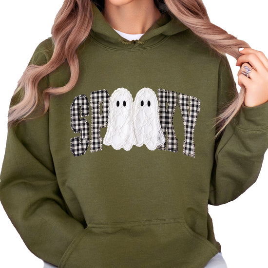Army green spooky ghost gingham hoodie shown on a model, front view