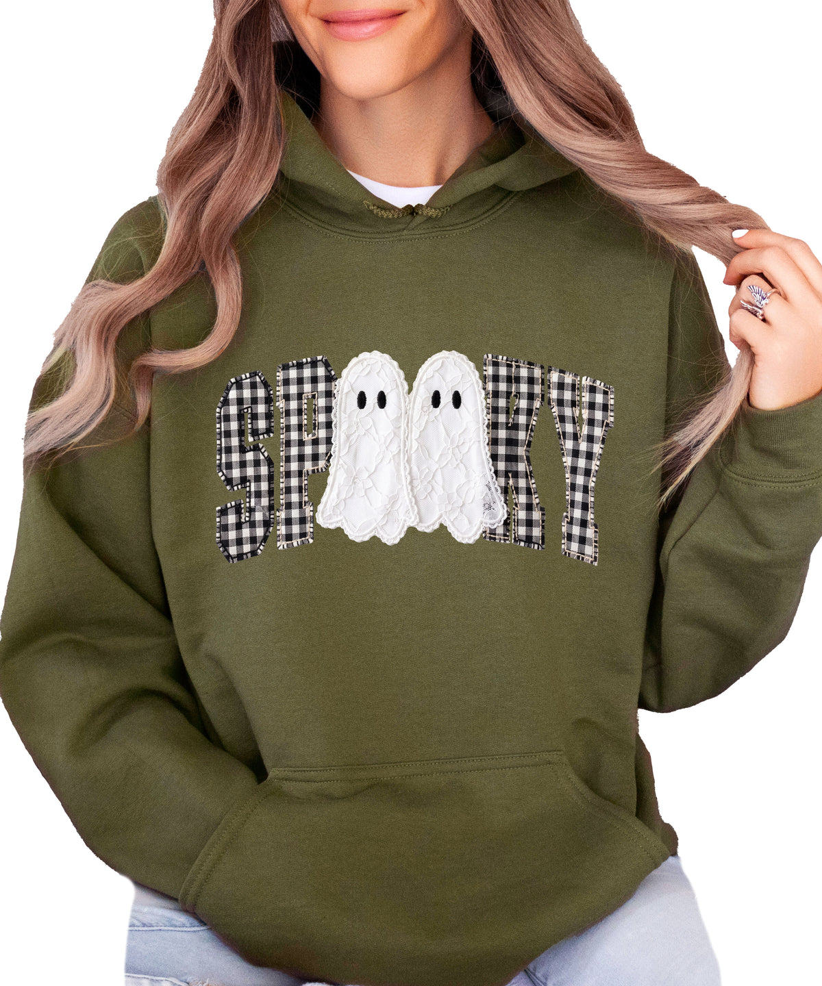 Army green spooky ghost gingham hoodie shown on a model, front view