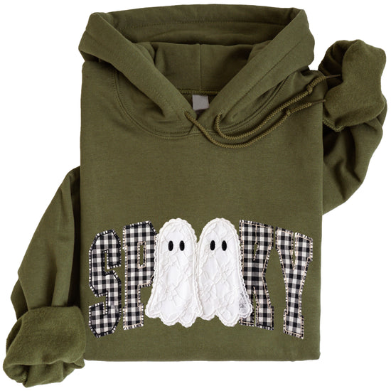 Army green spooky ghost gingham hoodie styling detail