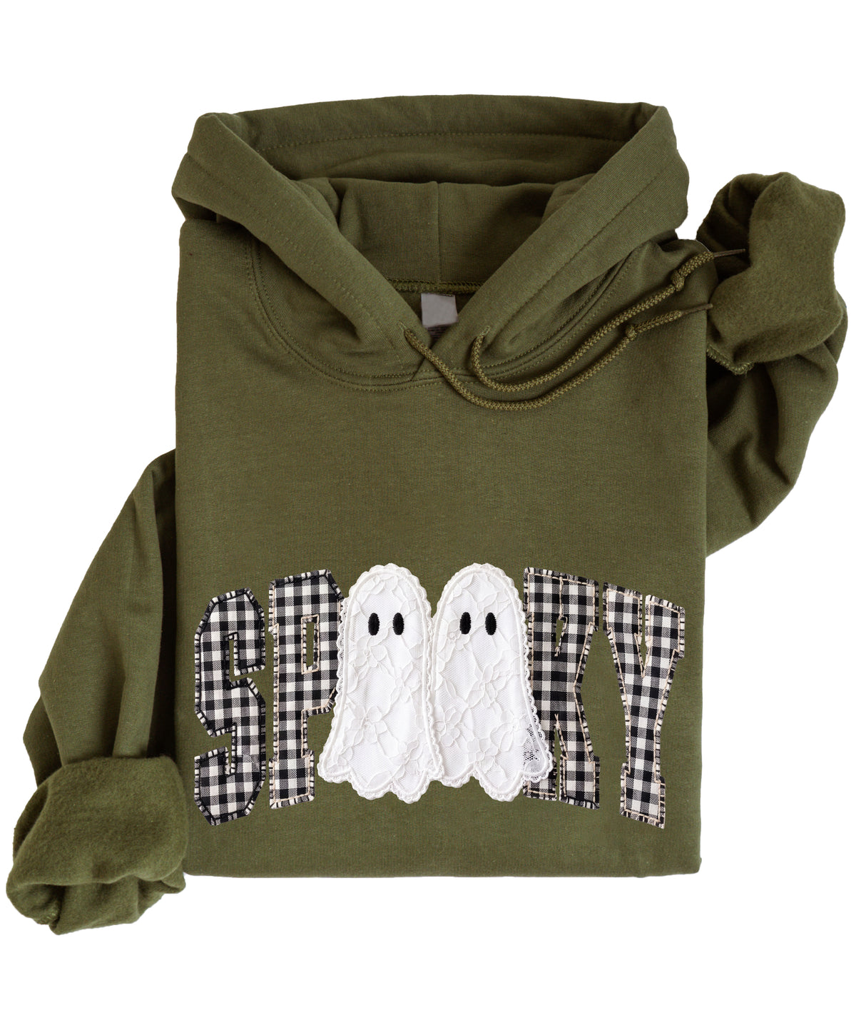 Army green spooky ghost gingham hoodie styling detail