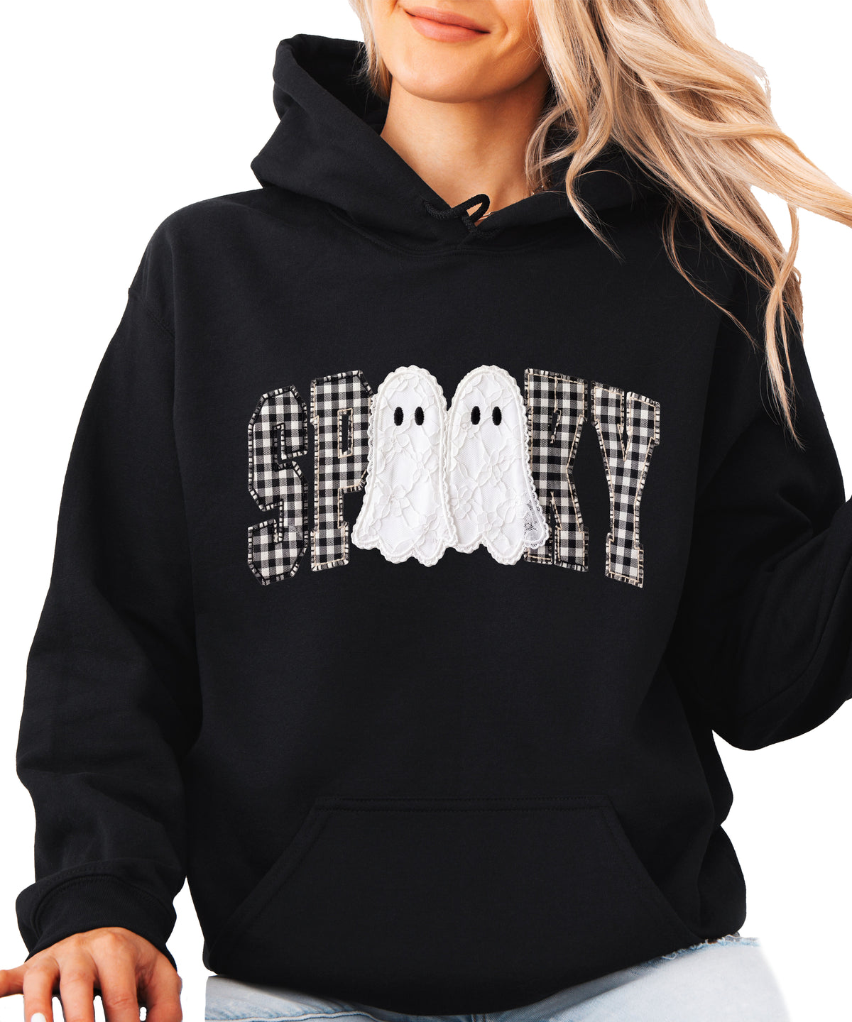 Black spooky ghost gingham hoodie shown on a model, front view
