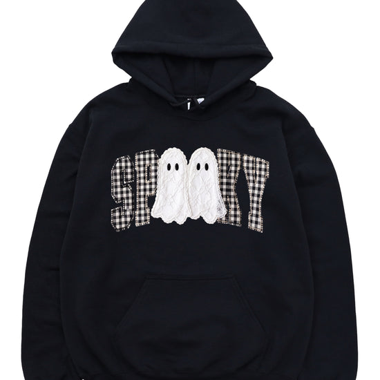 Black spooky ghost gingham hoodie styling detail