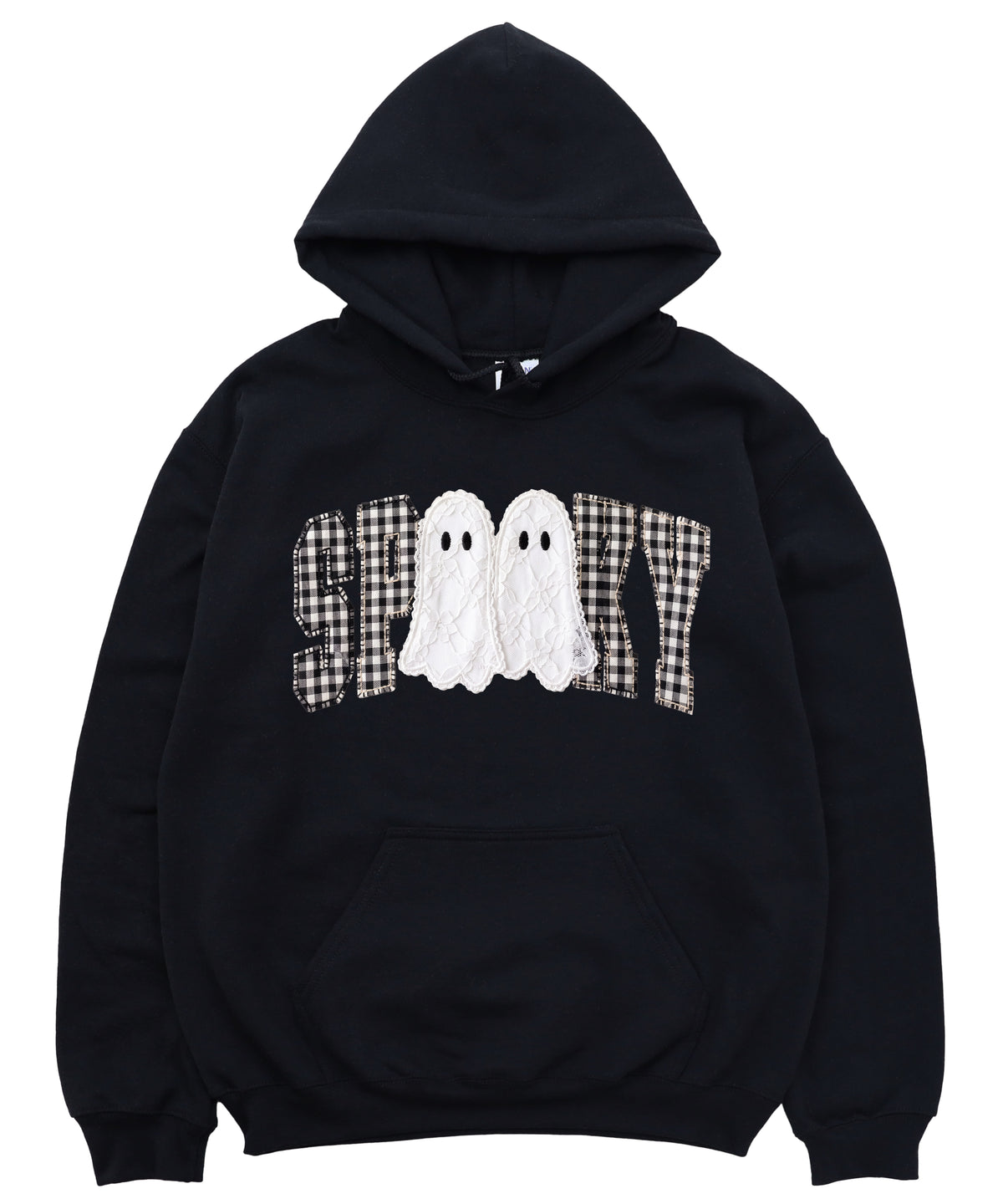 Black spooky ghost gingham hoodie styling detail