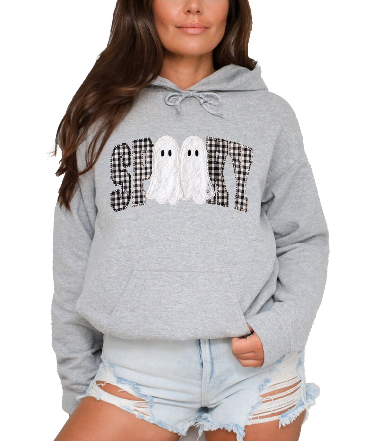 Gray hoodie with ink-printed spooky ghost gingham check graphic, front view