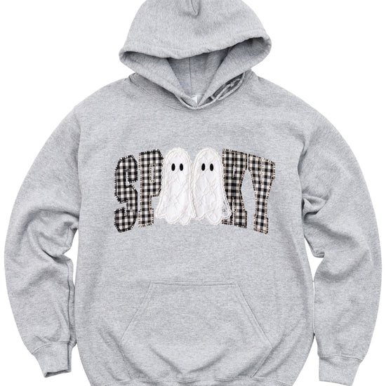 Gray spooky ghost gingham hoodie styling detail