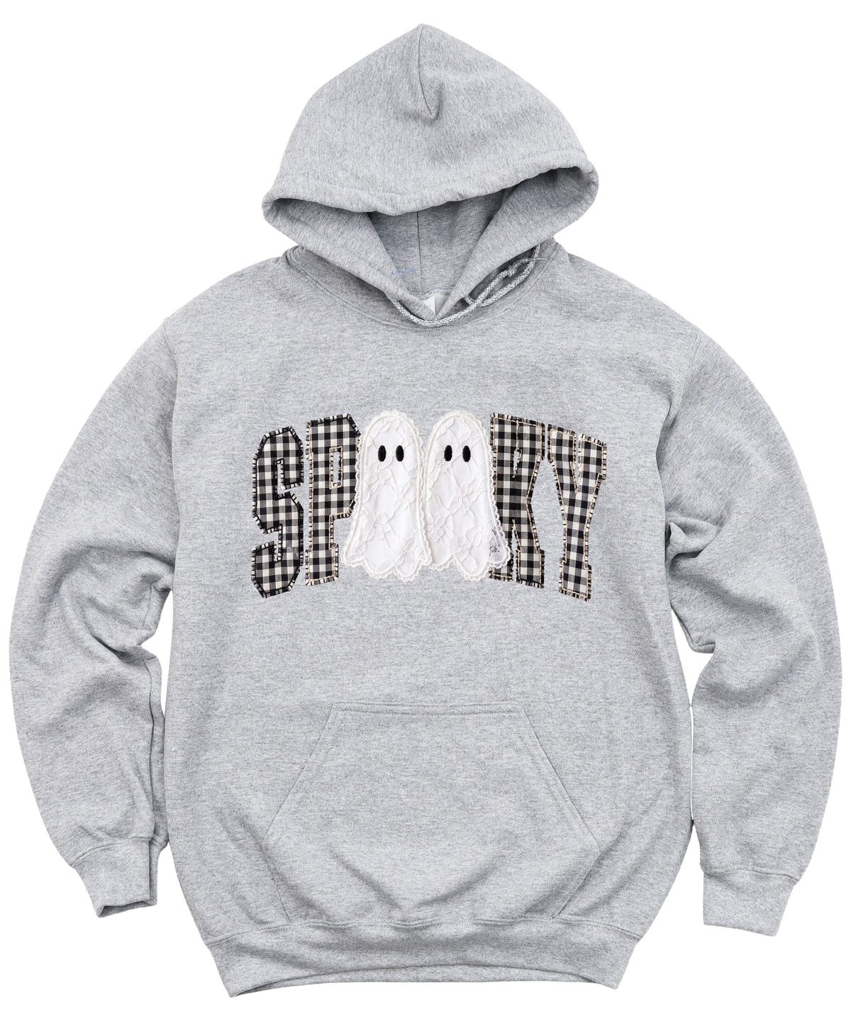 Gray spooky ghost gingham hoodie styling detail