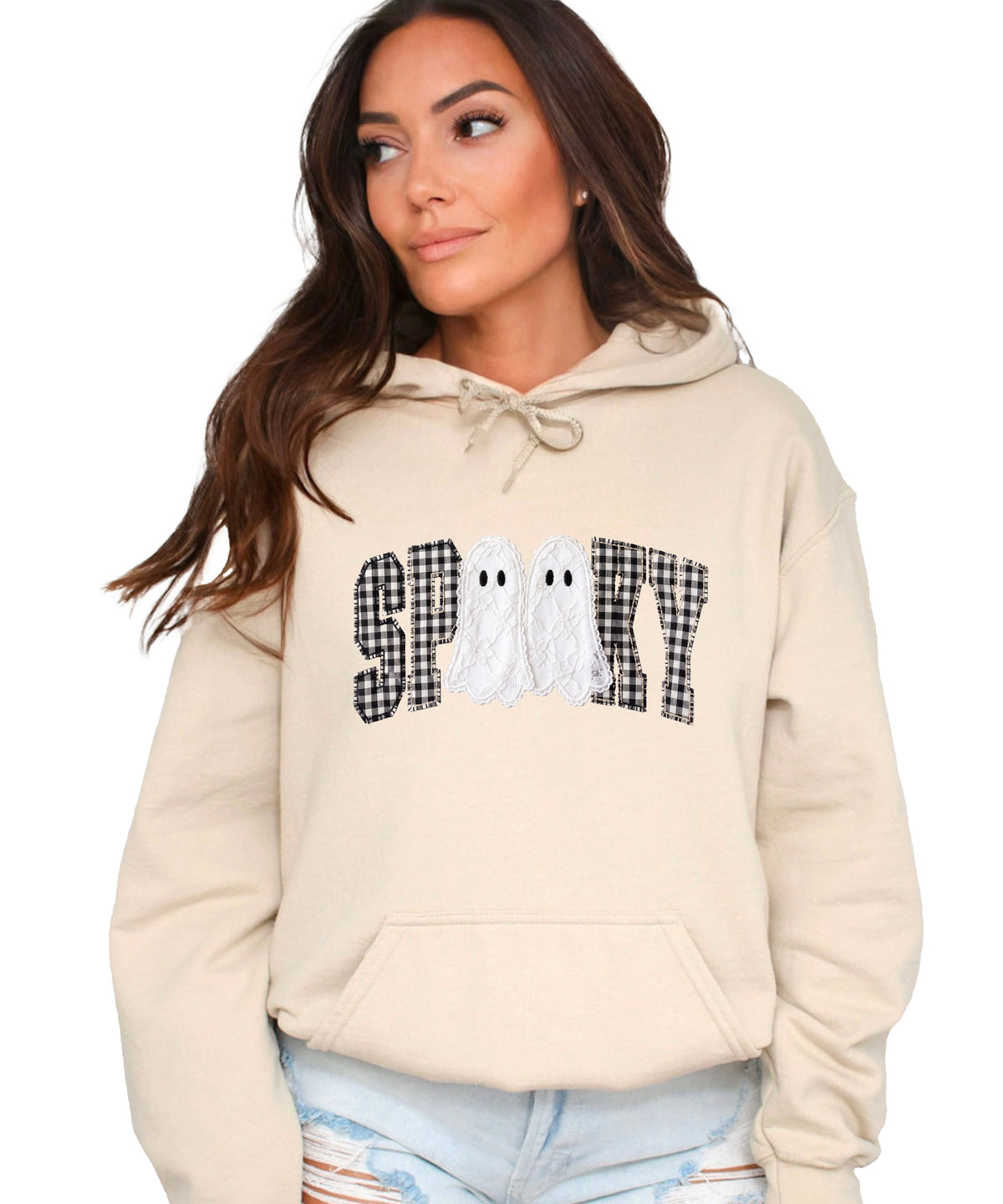 Sand hoodie with ink-printed spooky ghost gingham check graphic, front view