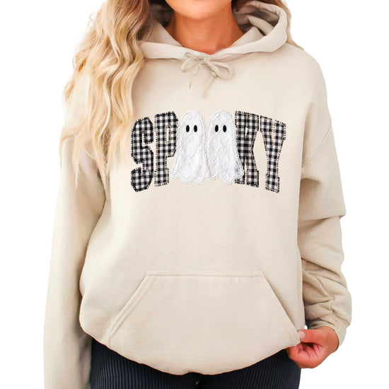 Sand spooky ghost gingham hoodie shown on a model, front view