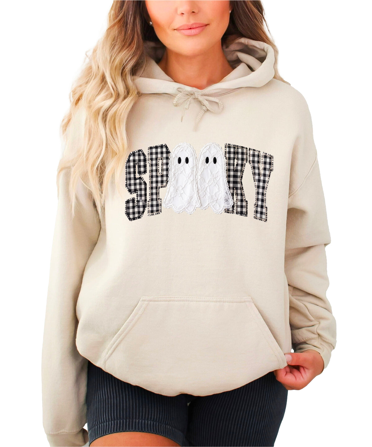 Sand spooky ghost gingham hoodie shown on a model, front view