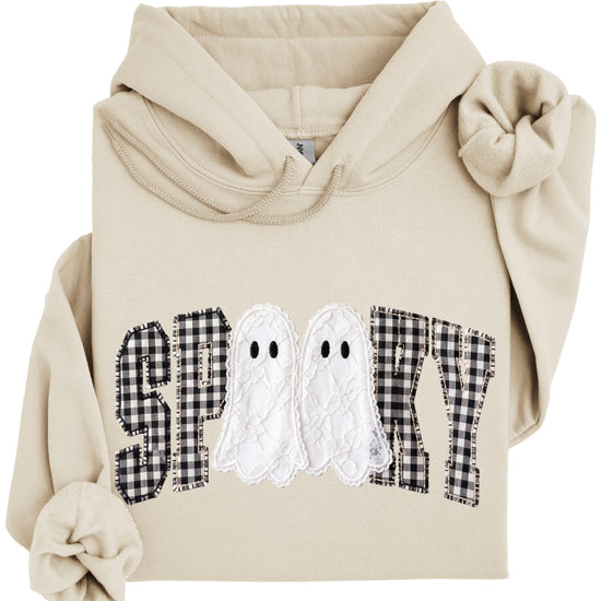 Sand spooky ghost gingham hoodie styling detail