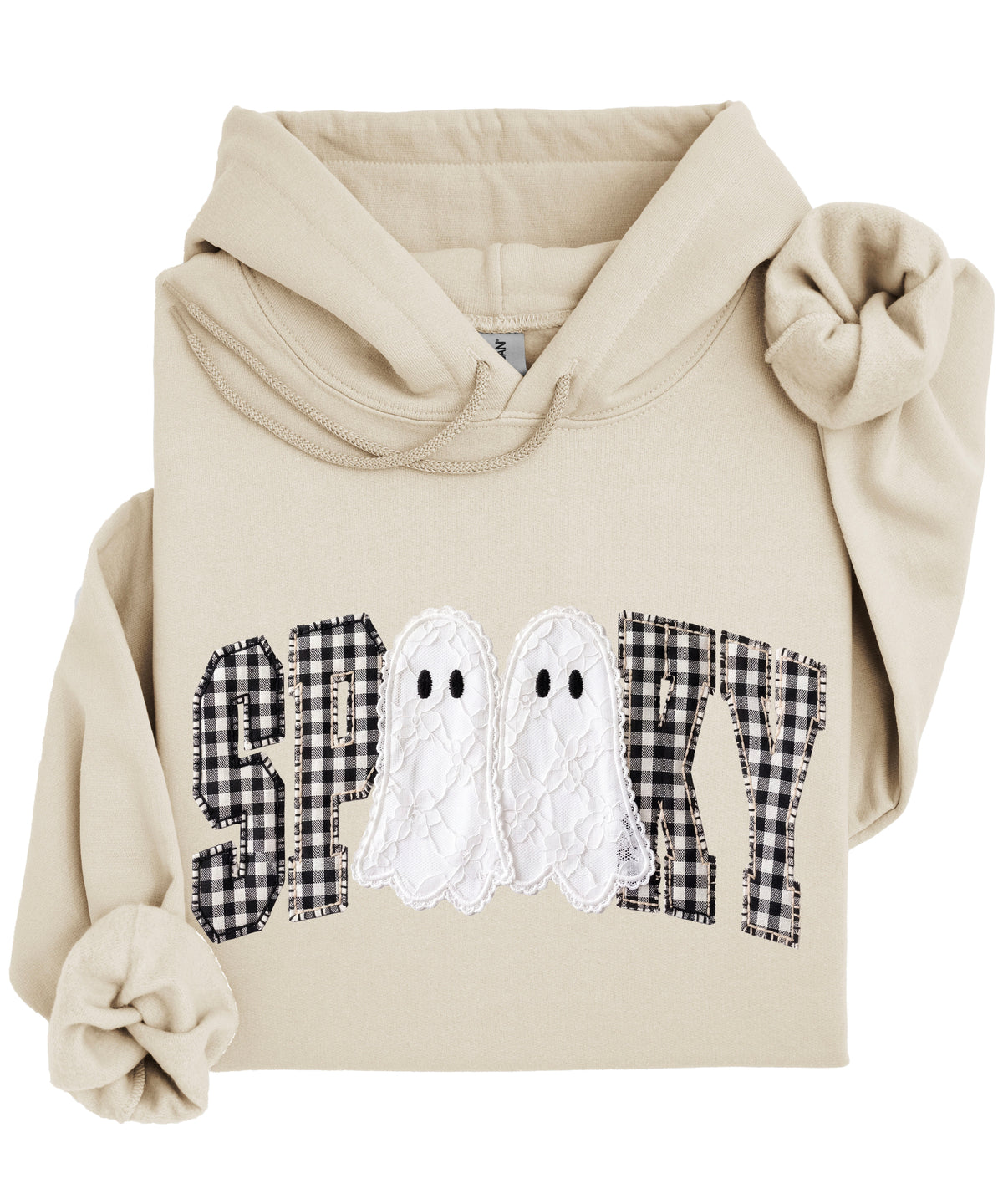 Sand spooky ghost gingham hoodie styling detail