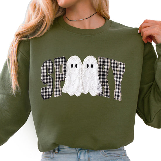 Army Green Sweatshirt - Spooky gingham ghost Halloween crewneck sweatshirt, front view