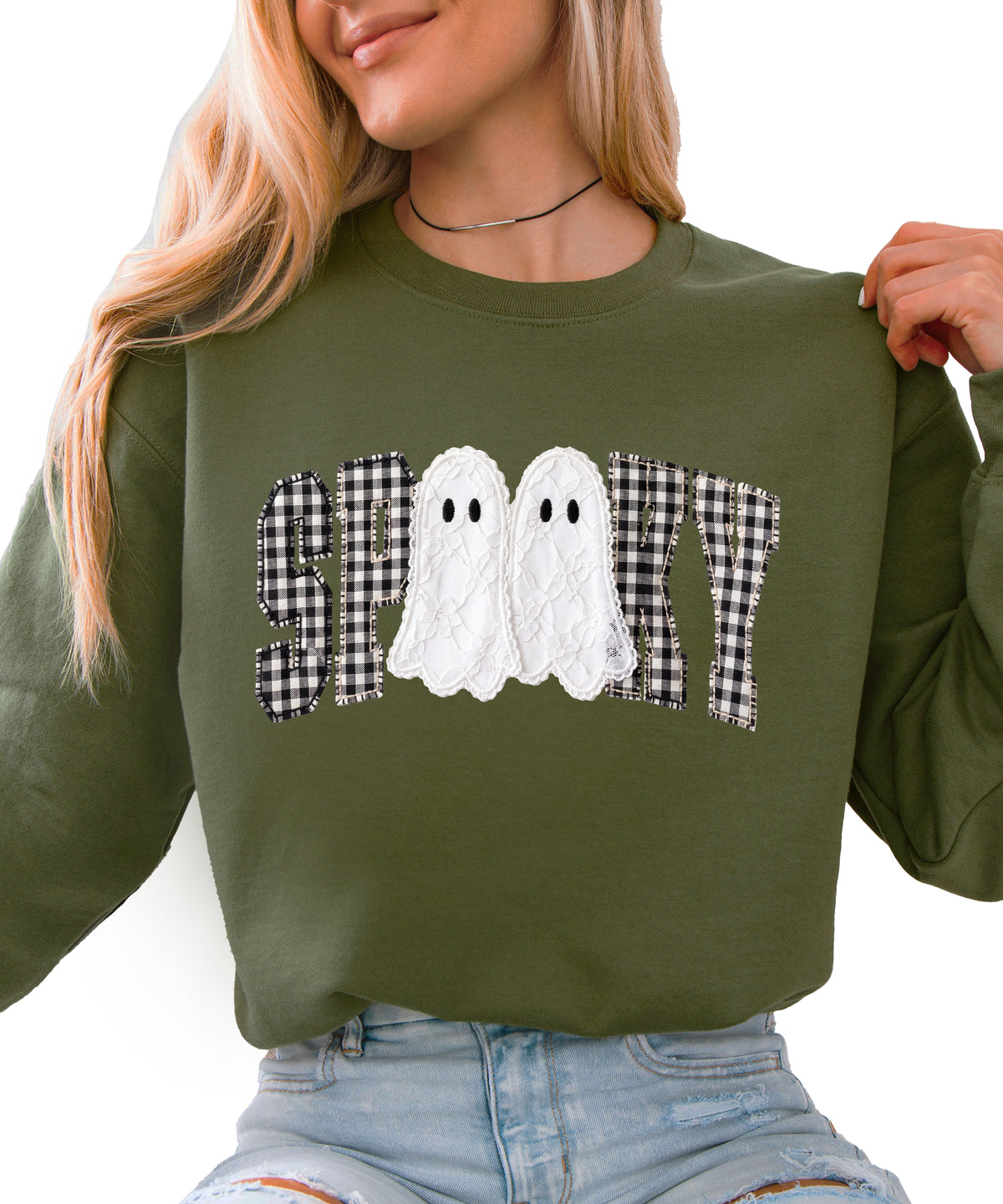 Army Green Sweatshirt - Spooky gingham ghost Halloween crewneck sweatshirt, front view