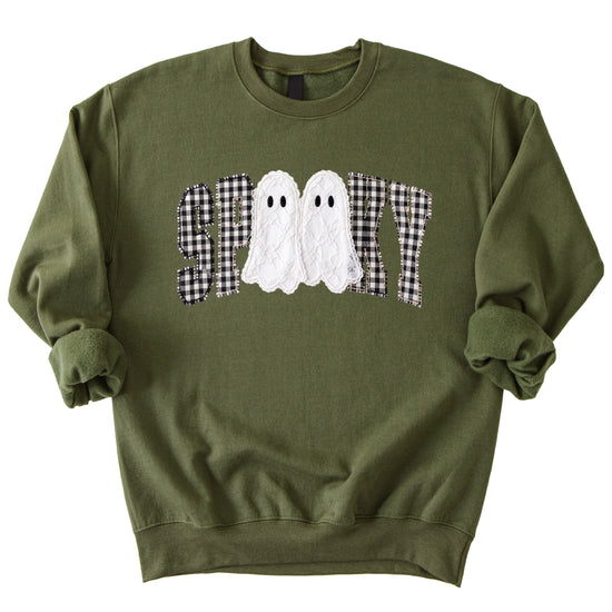 Army Green Sweatshirt - Spooky gingham ghost Halloween crewneck sweatshirt, detail view