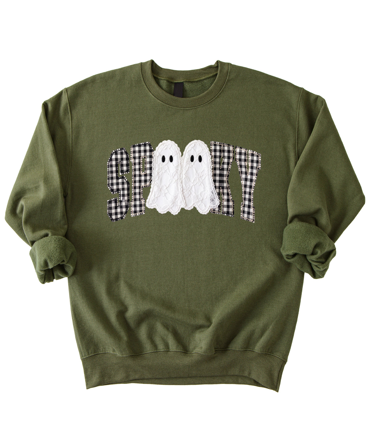 Army Green Sweatshirt - Spooky gingham ghost Halloween crewneck sweatshirt, detail view