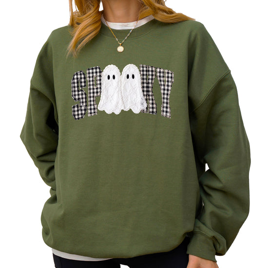 Army Green Sweatshirt - Spooky gingham ghost Halloween crewneck sweatshirt, styled view