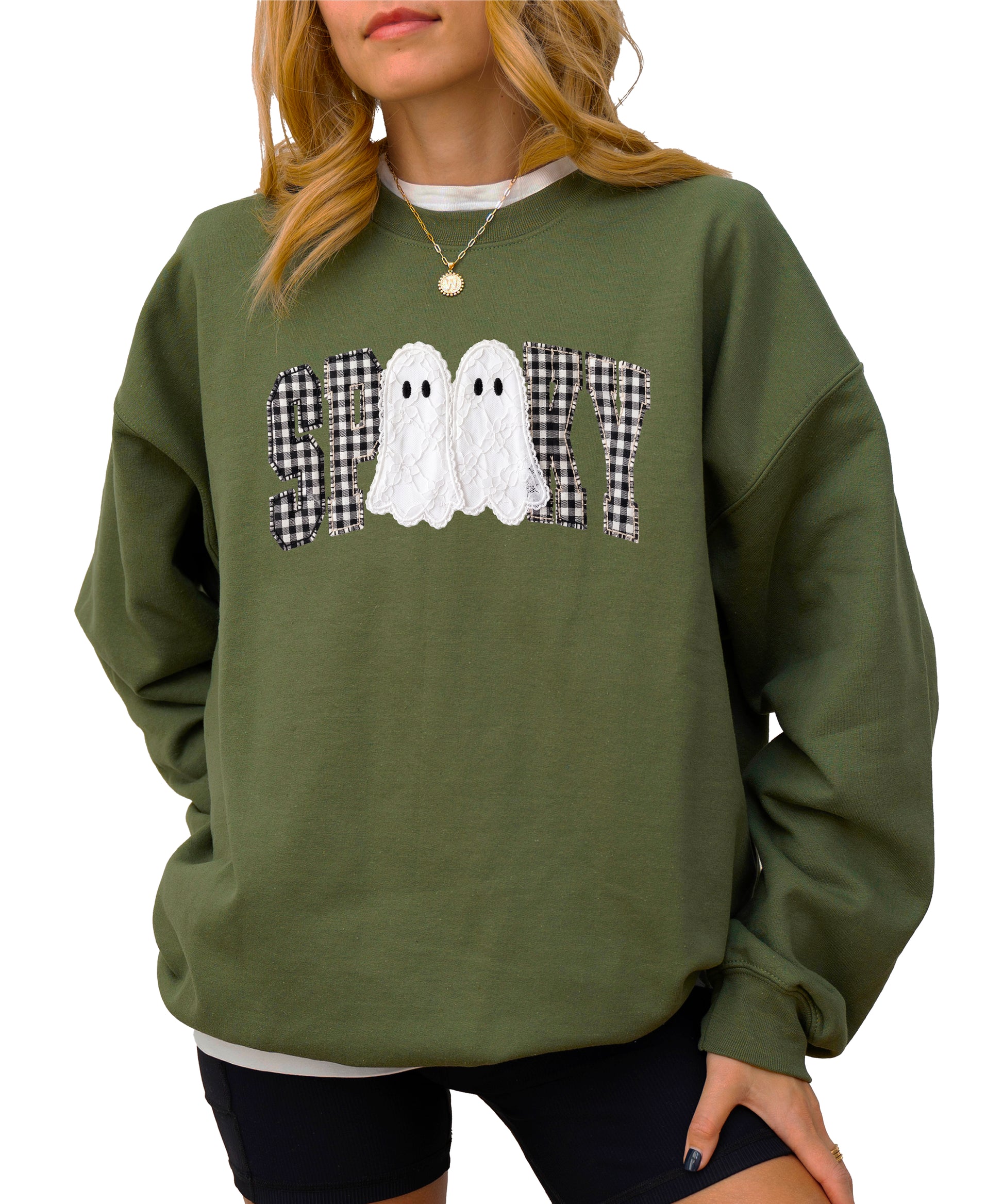 Army Green Sweatshirt - Spooky gingham ghost Halloween crewneck sweatshirt, styled view