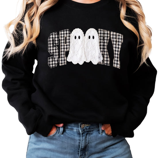 Black Sweatshirt - Spooky gingham ghost Halloween crewneck sweatshirt, front view