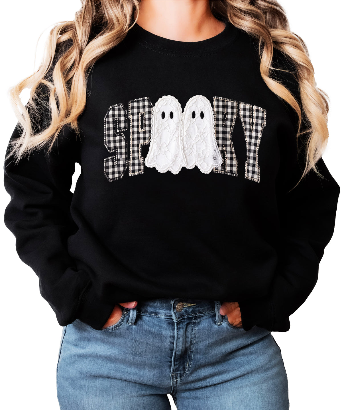 Black Sweatshirt - Spooky gingham ghost Halloween crewneck sweatshirt, front view