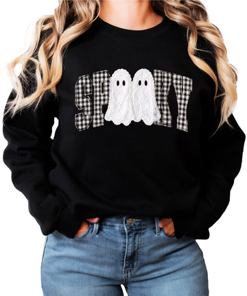 Black Sweatshirt - Spooky gingham ghost Halloween crewneck sweatshirt, front view