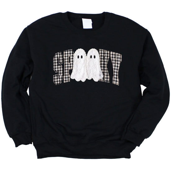 Black Sweatshirt - Spooky gingham ghost Halloween crewneck sweatshirt, detail view
