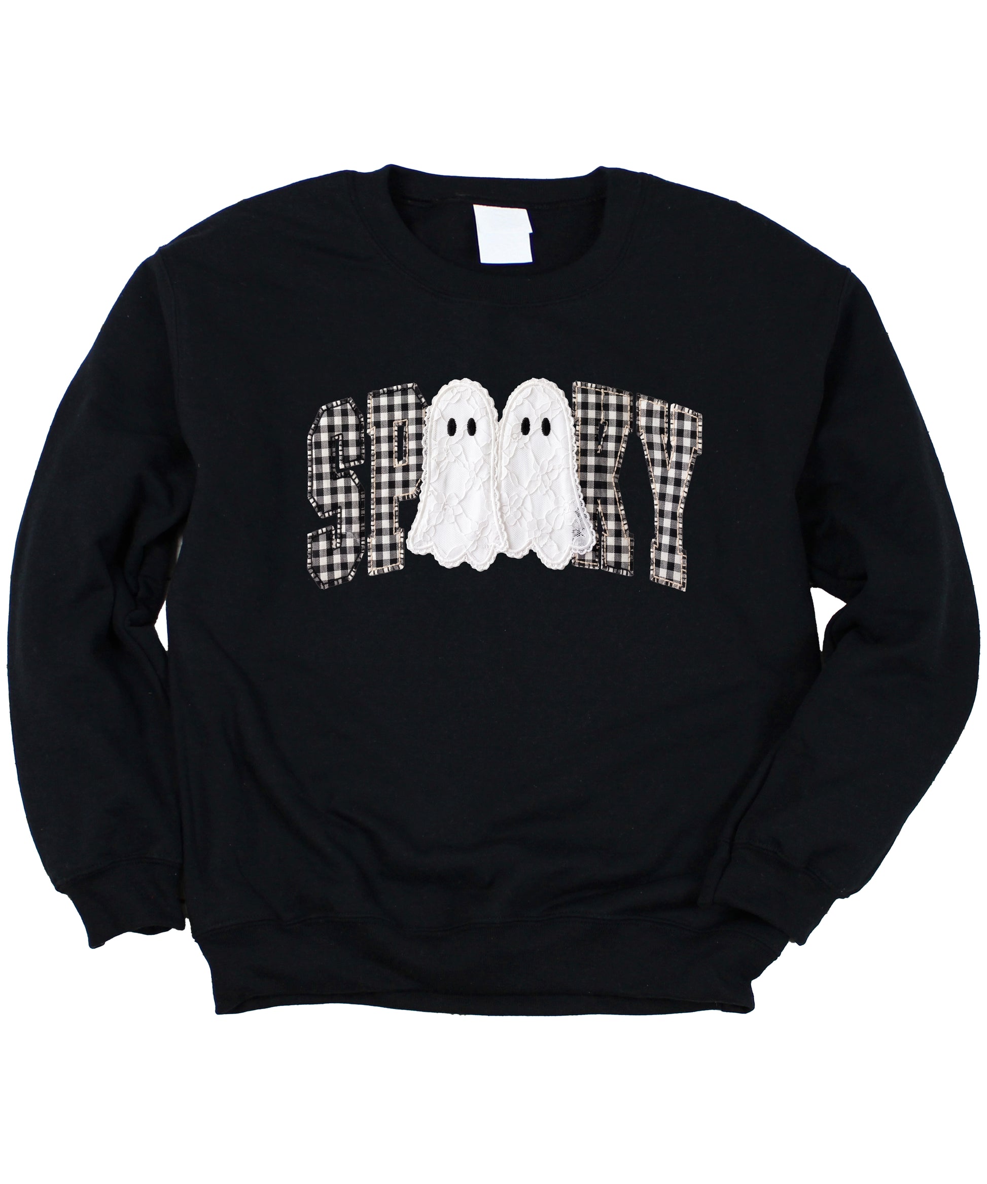 Black Sweatshirt - Spooky gingham ghost Halloween crewneck sweatshirt, detail view