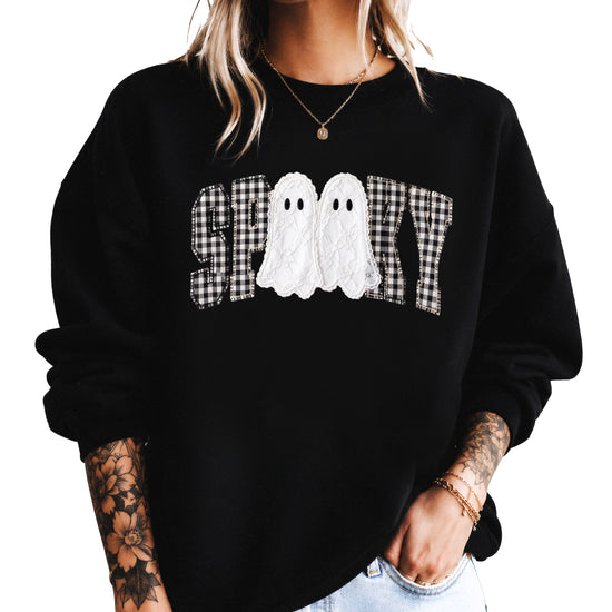 Black Sweatshirt - Spooky gingham ghost Halloween crewneck sweatshirt, styled view