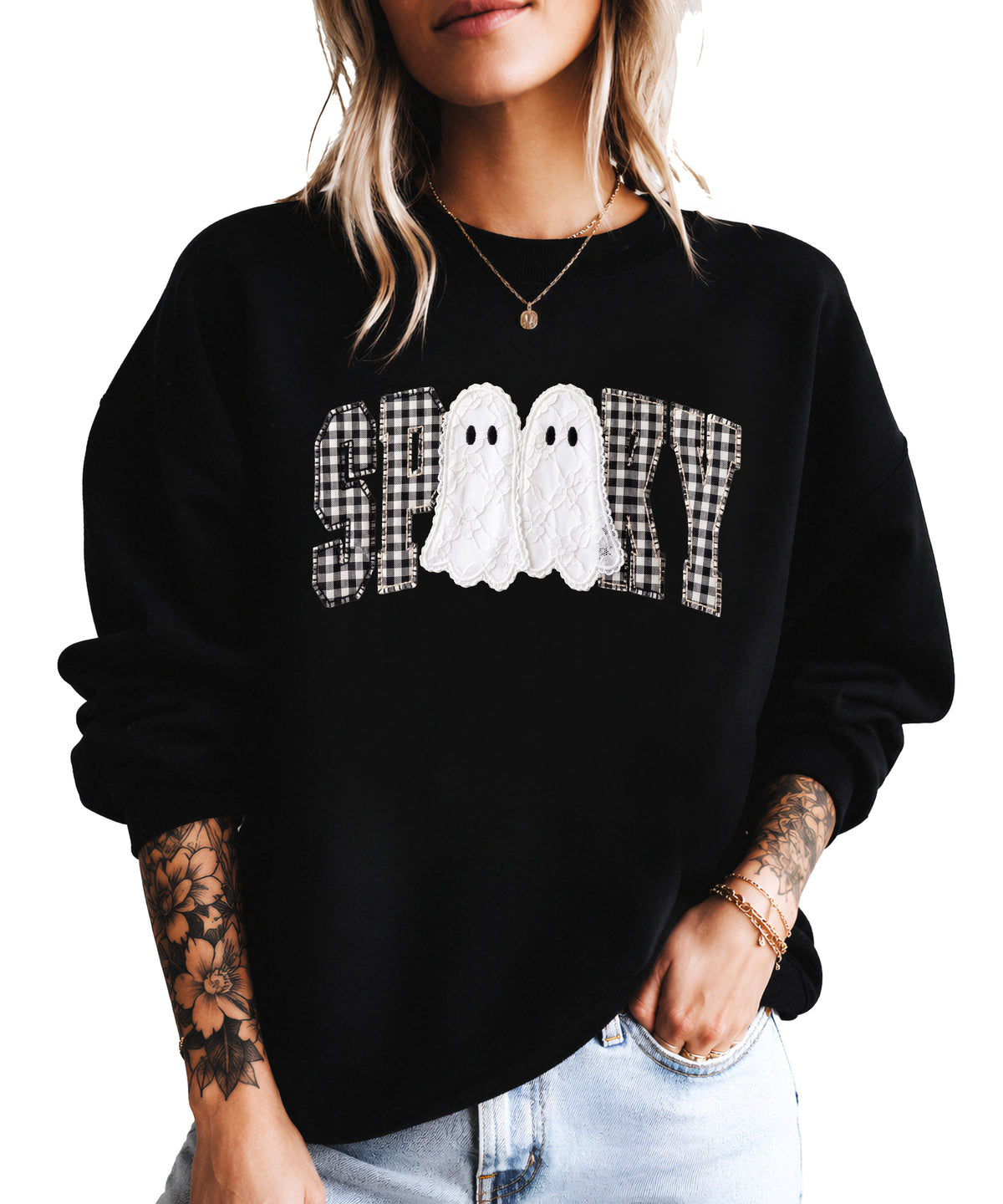 Black Sweatshirt - Spooky gingham ghost Halloween crewneck sweatshirt, styled view