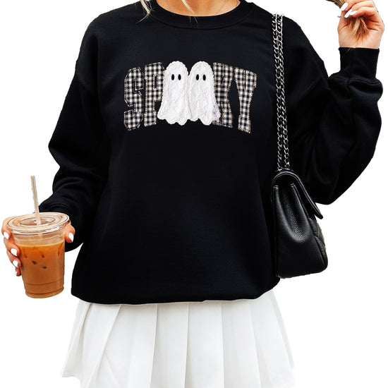 Black Sweatshirt - Spooky gingham ghost Halloween crewneck sweatshirt, lifestyle view