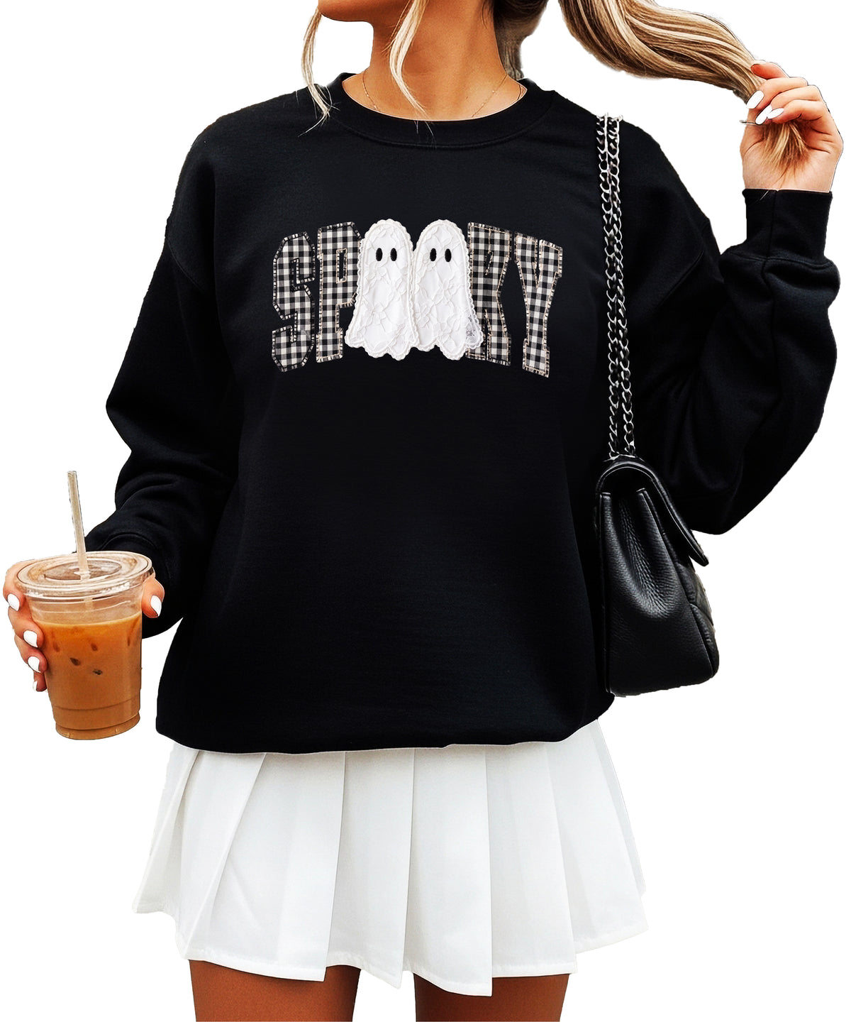 Black Sweatshirt - Spooky gingham ghost Halloween crewneck sweatshirt, lifestyle view
