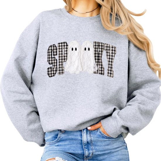 Gray Sweatshirt - Spooky gingham ghost Halloween crewneck sweatshirt, front view