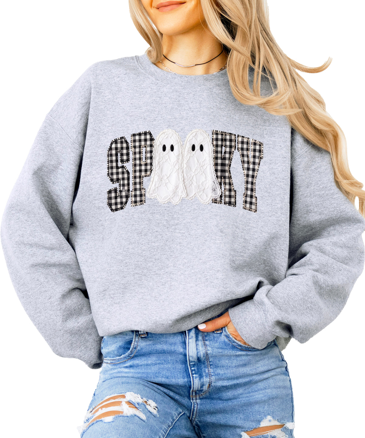 Gray Sweatshirt - Spooky gingham ghost Halloween crewneck sweatshirt, front view