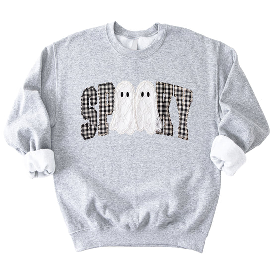 Gray Sweatshirt - Spooky gingham ghost Halloween crewneck sweatshirt, detail view