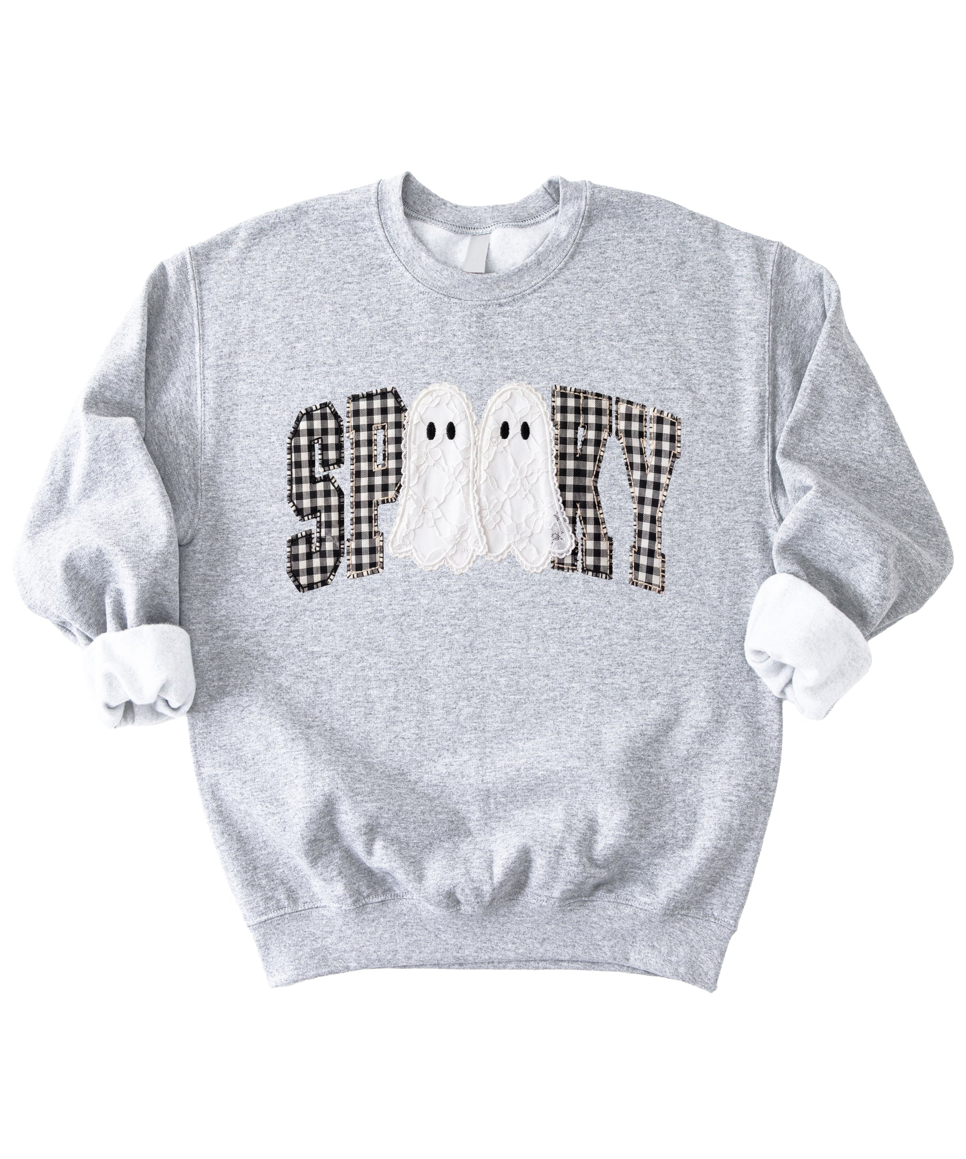 Gray Sweatshirt - Spooky gingham ghost Halloween crewneck sweatshirt, detail view