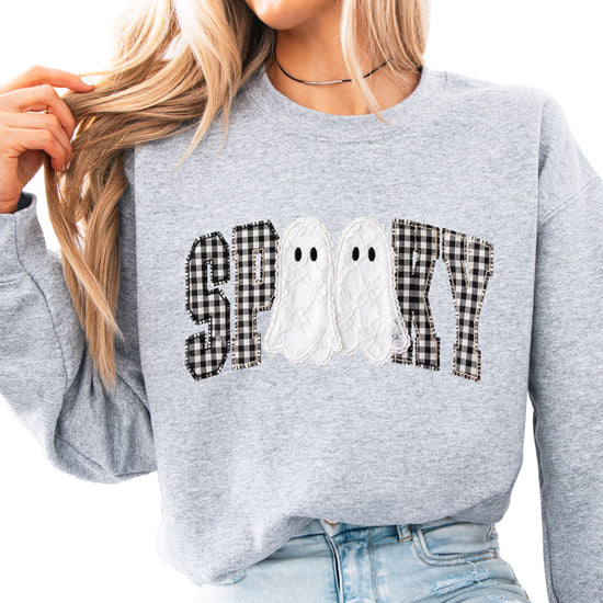 Gray Sweatshirt - Spooky gingham ghost Halloween crewneck sweatshirt, styled view