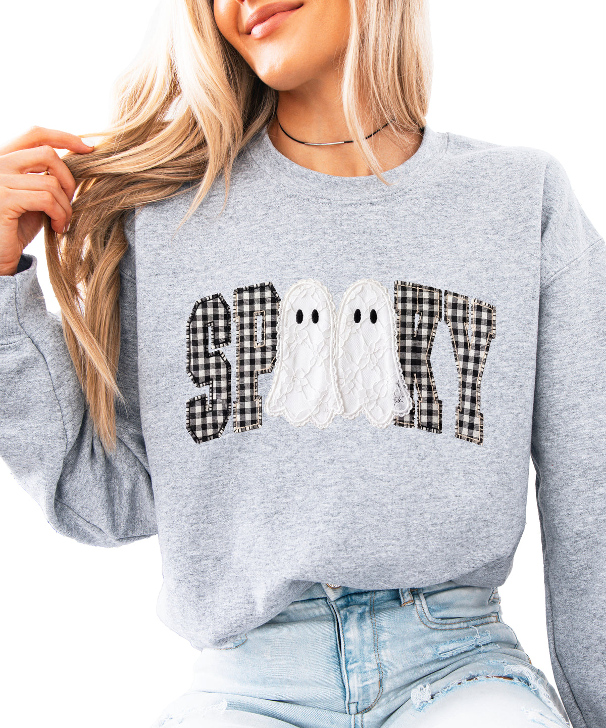 Gray Sweatshirt - Spooky gingham ghost Halloween crewneck sweatshirt, styled view