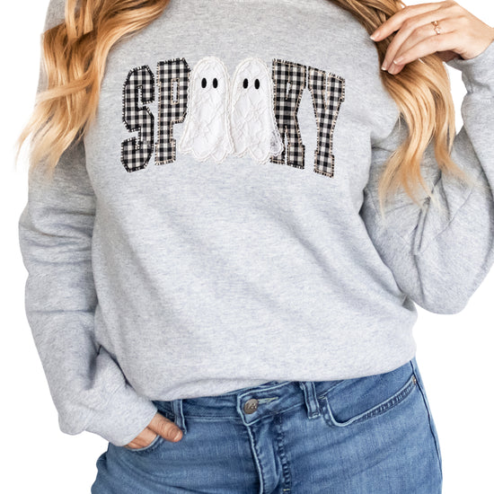 Gray Sweatshirt - Spooky gingham ghost Halloween crewneck sweatshirt, lifestyle view