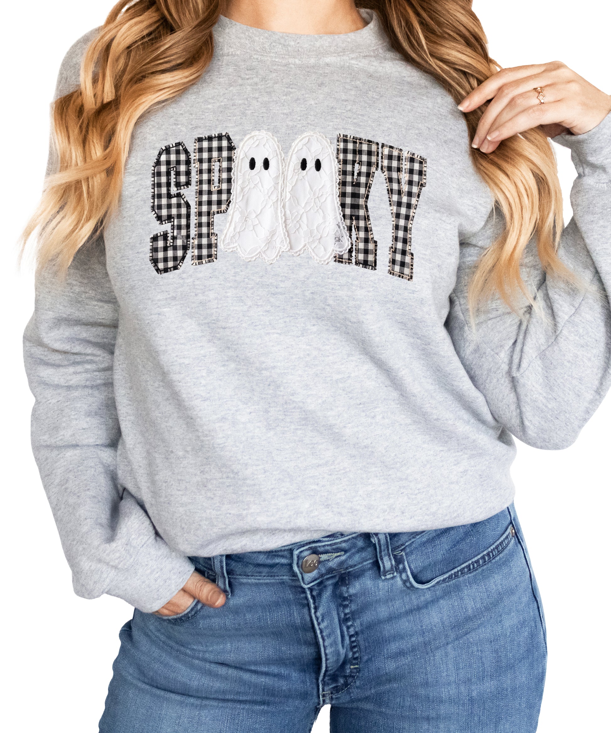 Gray Sweatshirt - Spooky gingham ghost Halloween crewneck sweatshirt, lifestyle view