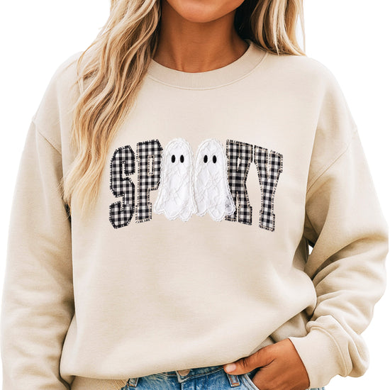 Sand Sweatshirt - Spooky gingham ghost Halloween crewneck sweatshirt, front view