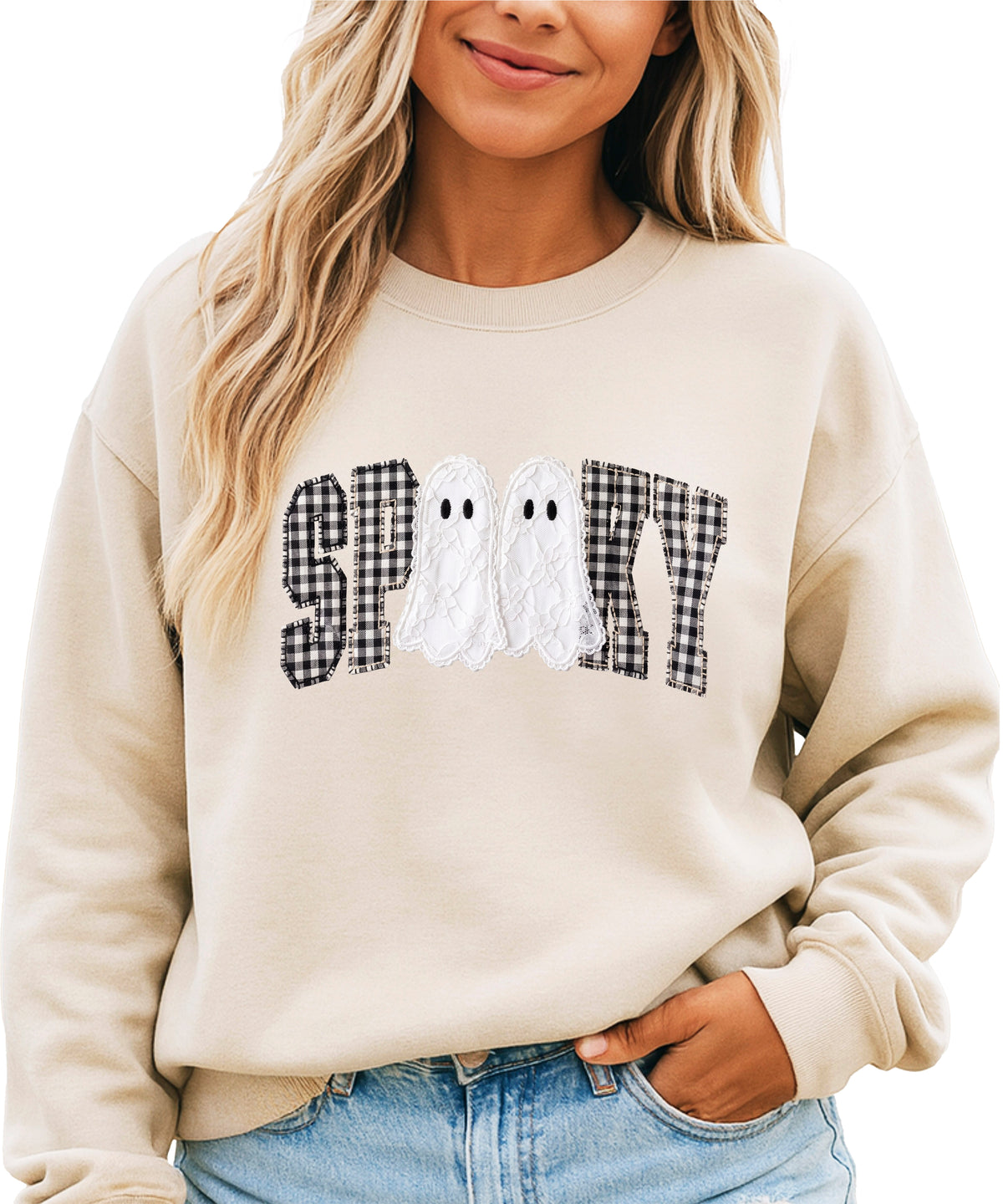 Sand Sweatshirt - Spooky gingham ghost Halloween crewneck sweatshirt, front view