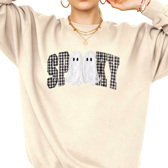 Sand Sweatshirt - Spooky gingham ghost Halloween crewneck sweatshirt, styled view