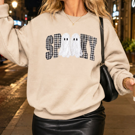 Sand Sweatshirt - Spooky gingham ghost Halloween crewneck sweatshirt, lifestyle view