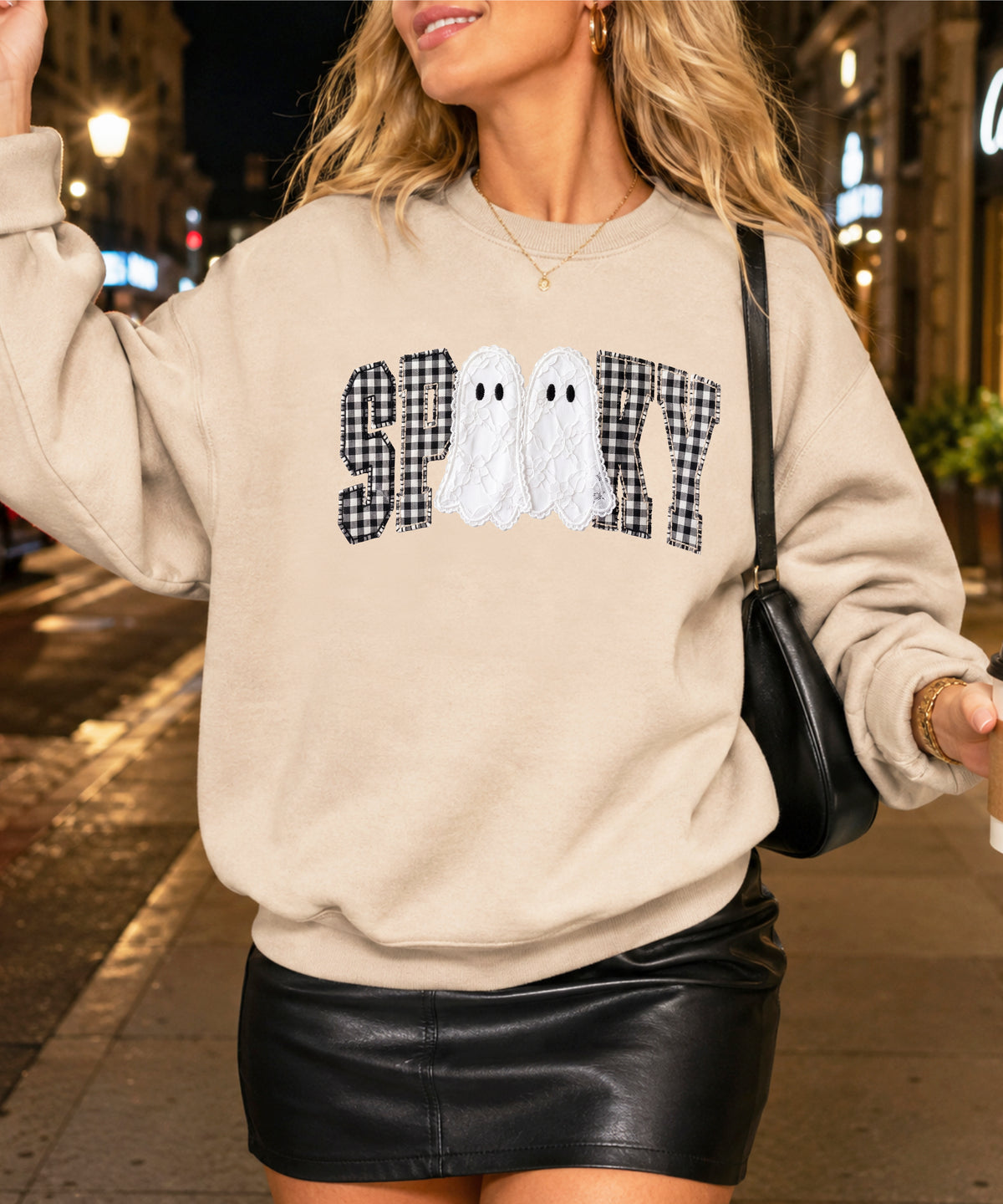 Sand Sweatshirt - Spooky gingham ghost Halloween crewneck sweatshirt, lifestyle view