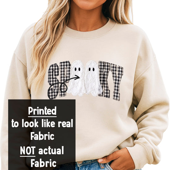 Spooky gingham ghost Halloween crewneck sweatshirt - design close-up
