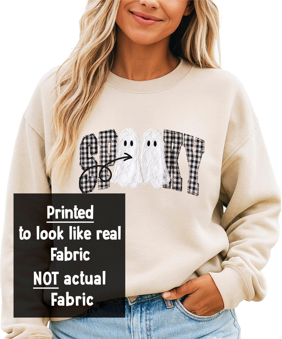 Spooky gingham ghost Halloween crewneck sweatshirt - design close-up
