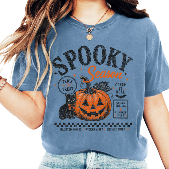 Spooky Season vintage Halloween pumpkin and black cat graphic tee in Blue Jean, front view