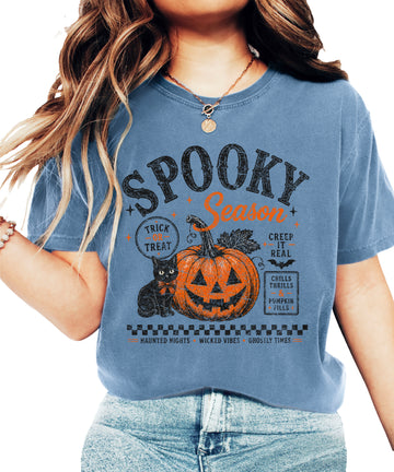 Spooky Season vintage Halloween pumpkin and black cat graphic tee in Blue Jean, front view