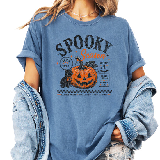Spooky Season Halloween pumpkin black cat tee in Blue Jean, styled detail
